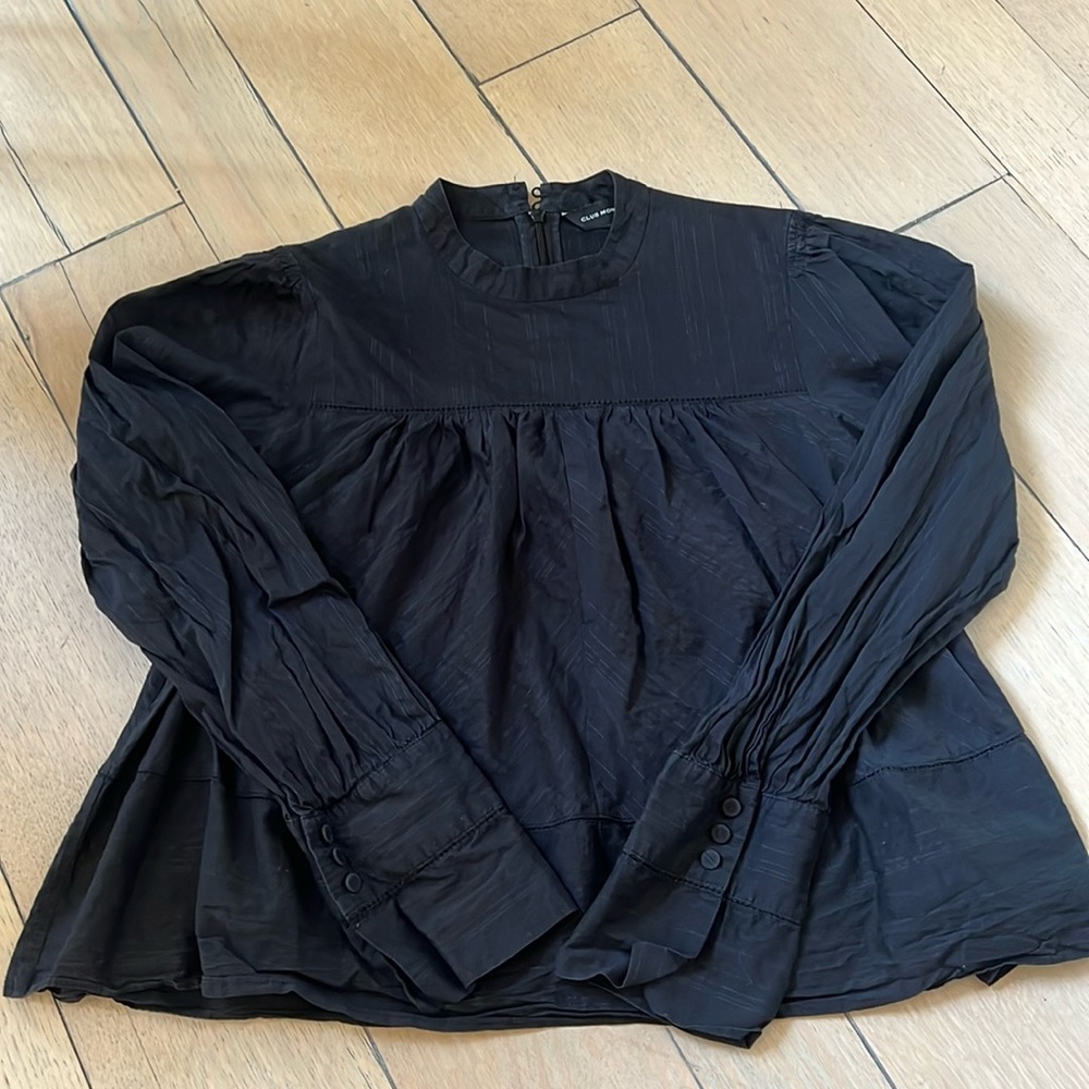 Club Monico Black Long-Sleeve Ruffle Yoke Blouse